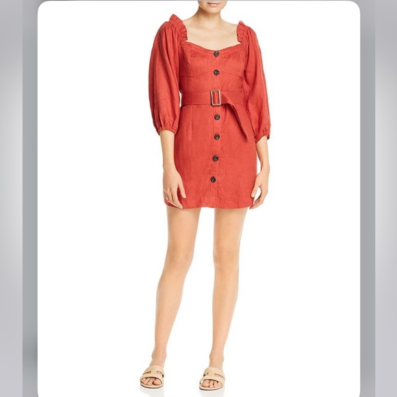 Suboo Rising Sun Button Front Linen Mini Dress brick red - Picture 4 of 13